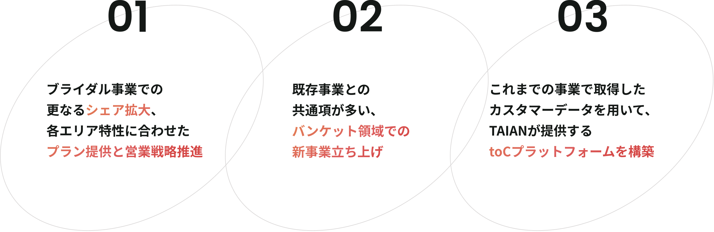 01 ブライダル事業での更なるシェア拡大、各エリア特性に合わせたプラン提供と営業戦略推進, 02 既存事業との共通項が多い、バンケット領域での新事業立ち上げ 03 これまでの事業で取得したカスタマーデータを用いて、TAIANが提供するtoCプラットフォームを構築